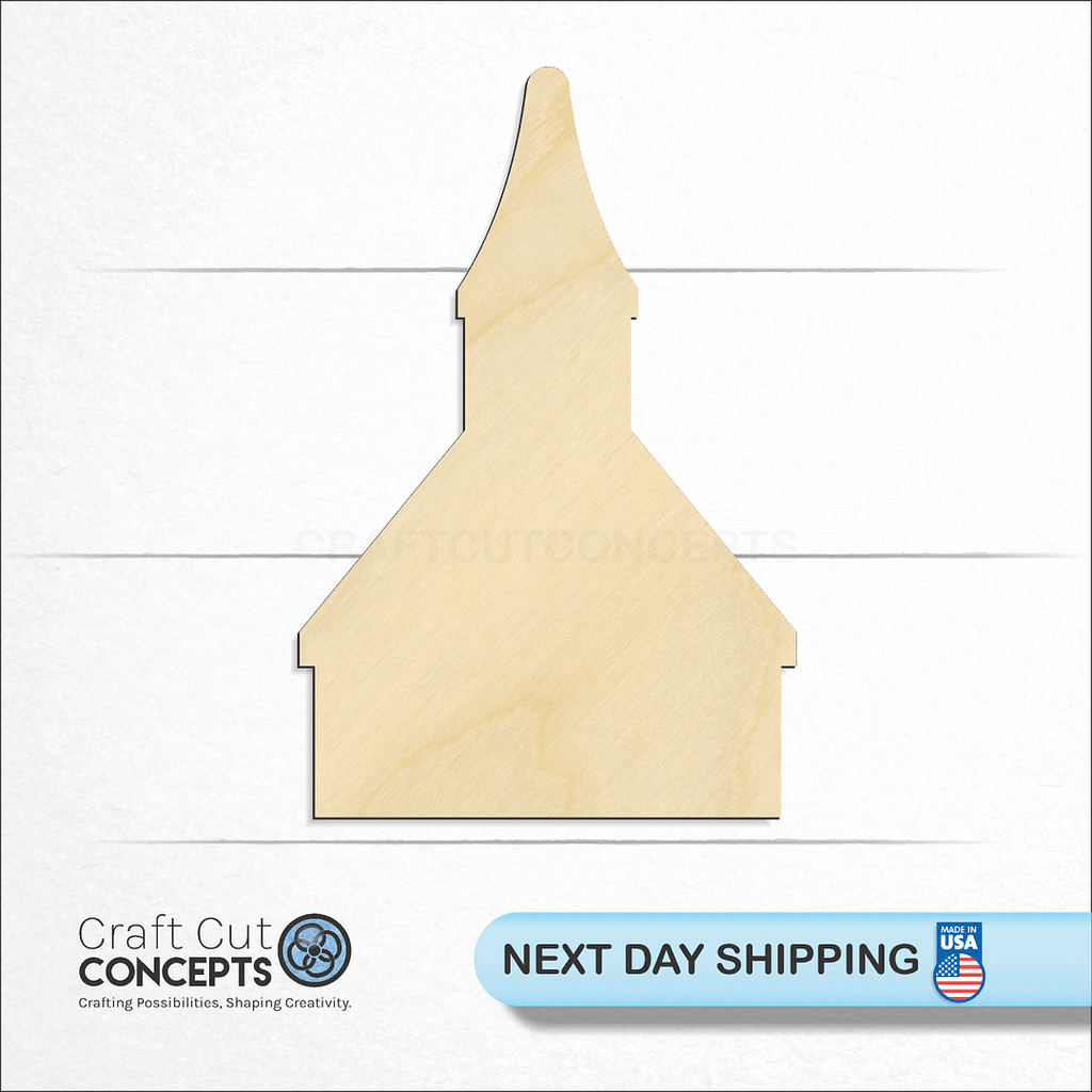 Craft Cut Concepts logo and next day shipping banner with an unfinished wood Church craft shape and blank