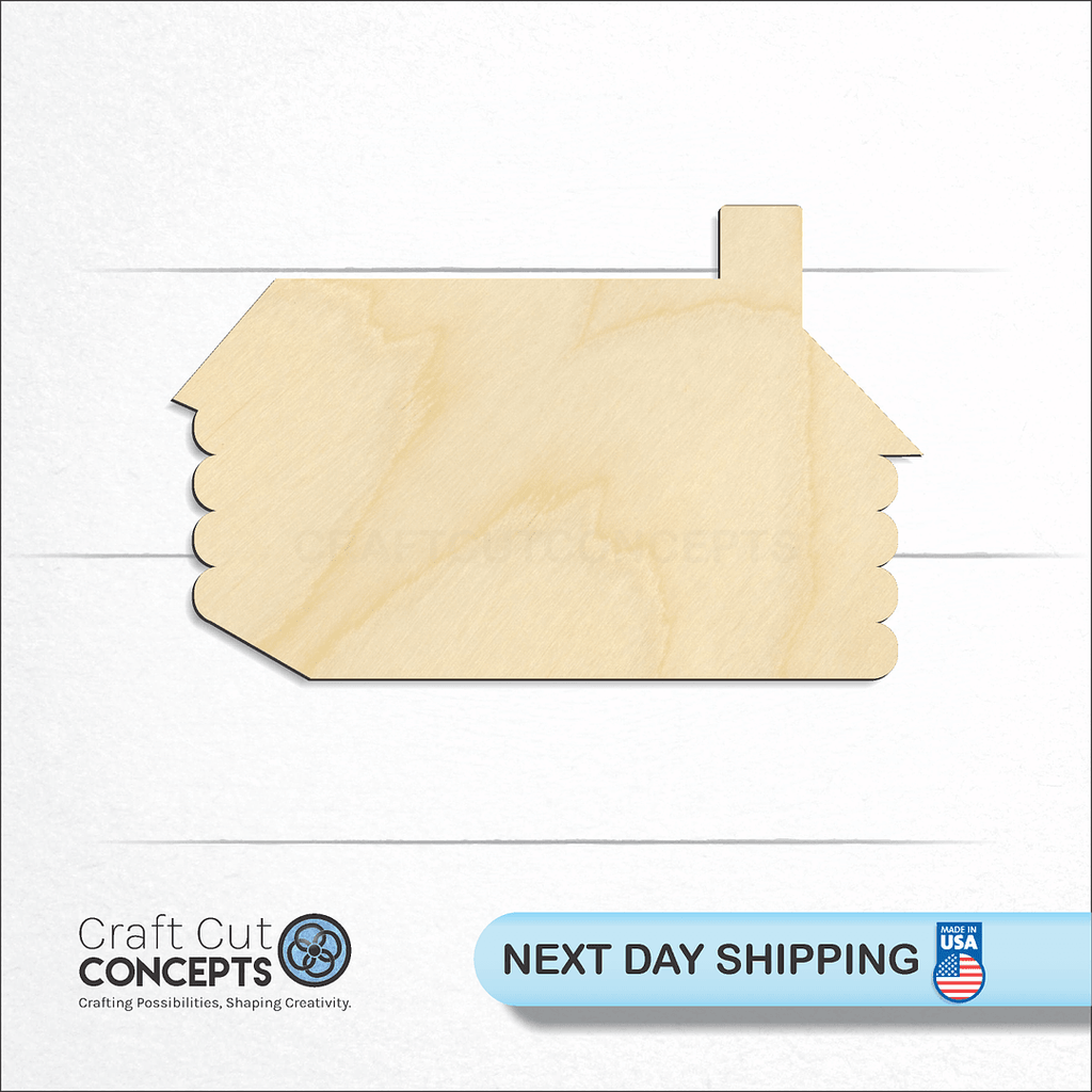 Craft Cut Concepts logo and next day shipping banner with an unfinished wood Log House craft shape and blank