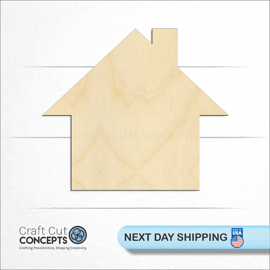 Craft Cut Concepts logo and next day shipping banner with an unfinished wood House craft shape and blank