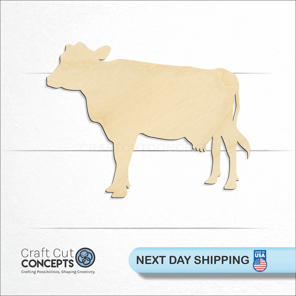 Craft Cut Concepts logo and next day shipping banner with an unfinished wood Cow Dairy craft shape and blank