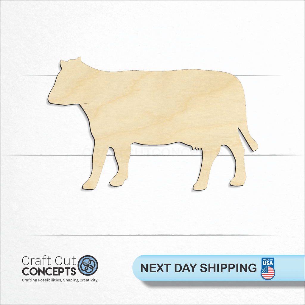 Craft Cut Concepts logo and next day shipping banner with an unfinished wood Beef Cow craft shape and blank