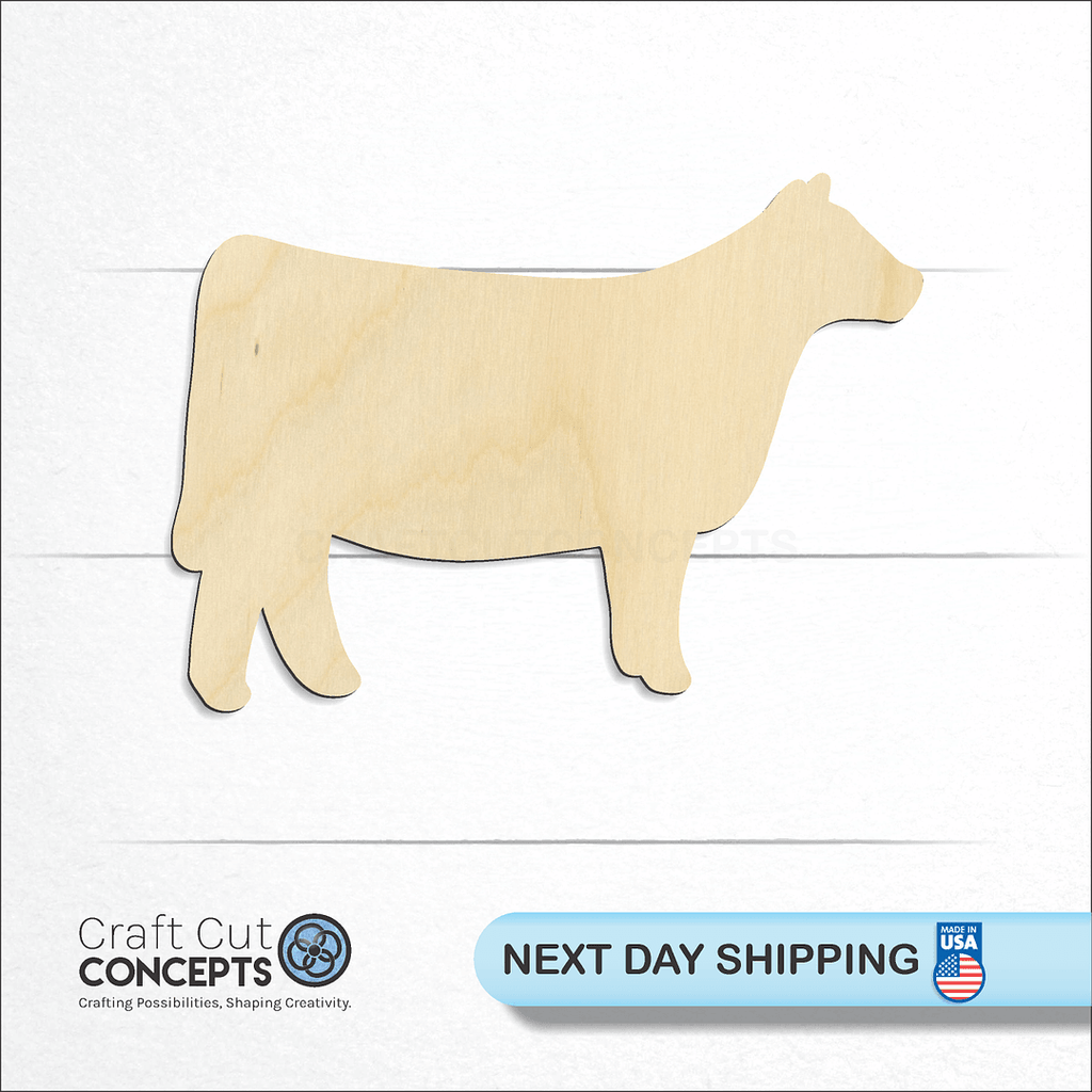 Craft Cut Concepts logo and next day shipping banner with an unfinished wood Cow craft shape and blank