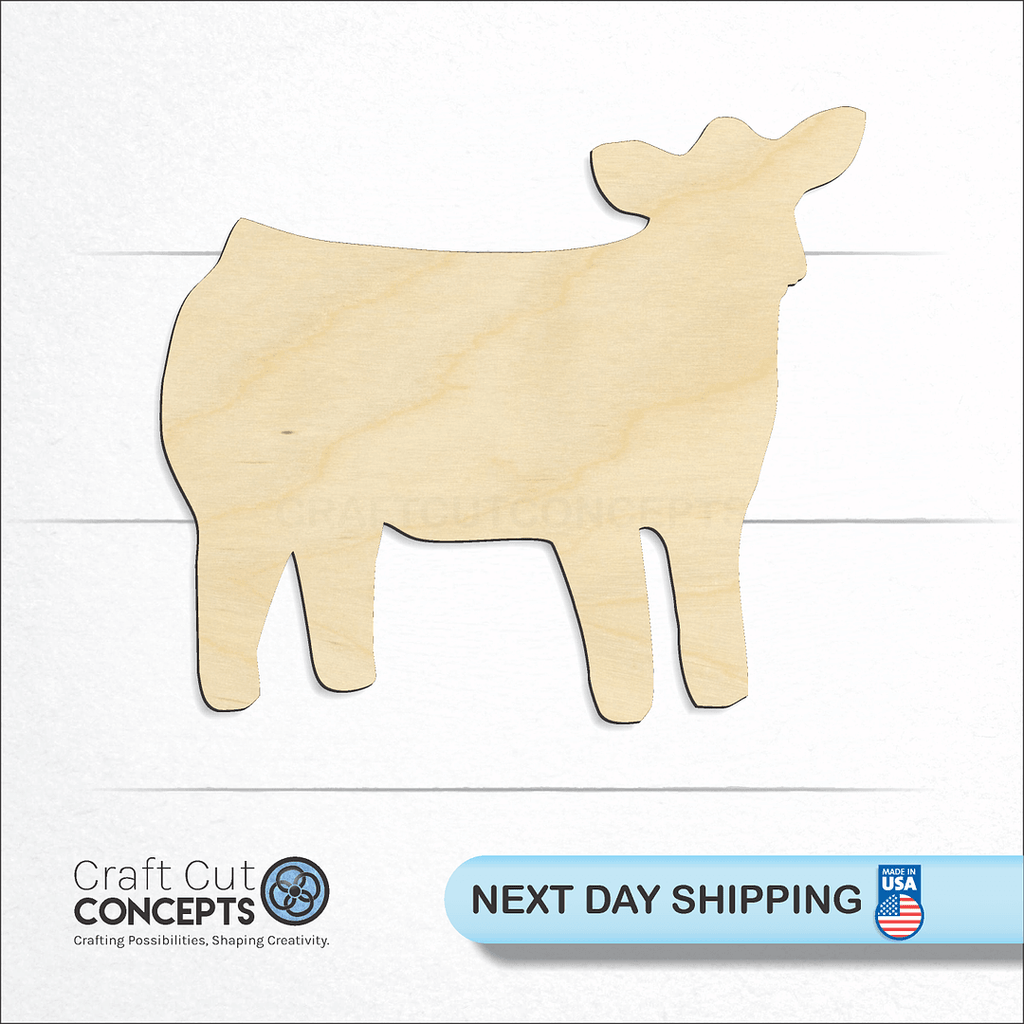 Craft Cut Concepts logo and next day shipping banner with an unfinished wood Cow 2 craft shape and blank