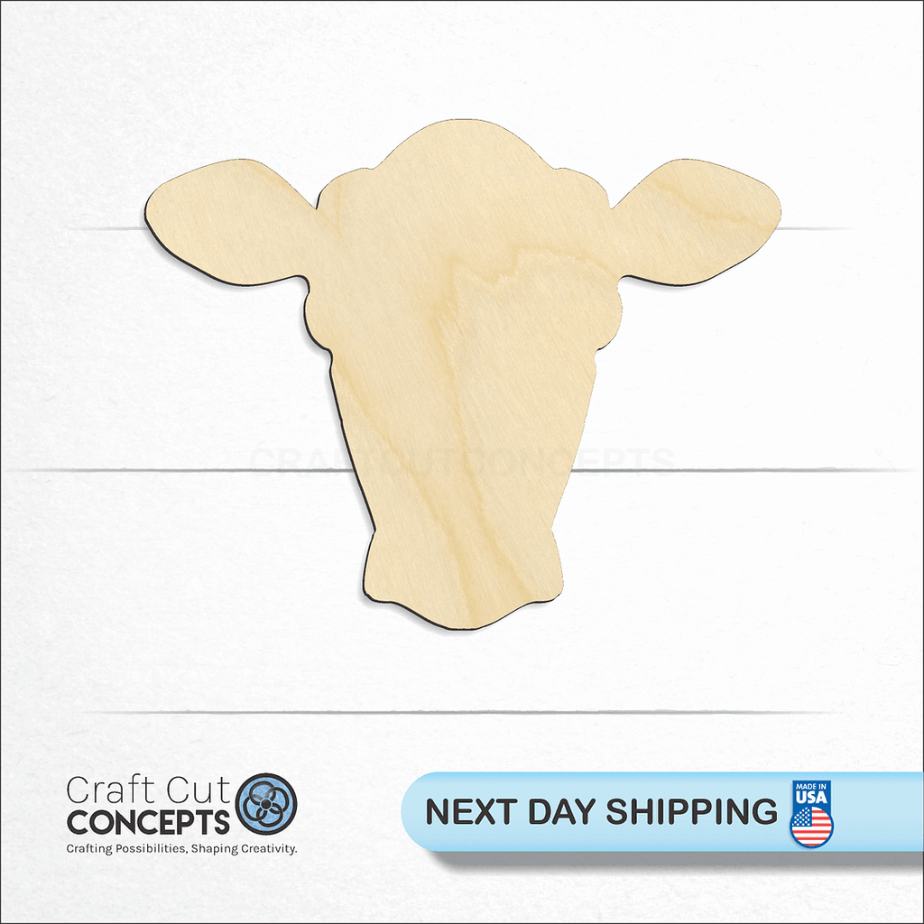 Craft Cut Concepts logo and next day shipping banner with an unfinished wood Cow Head craft shape and blank