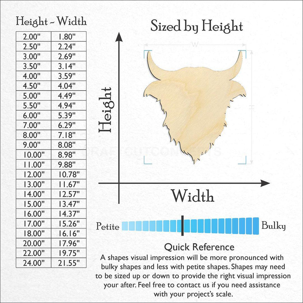 Sizes available for a laser cut Highland Cow Head craft blank