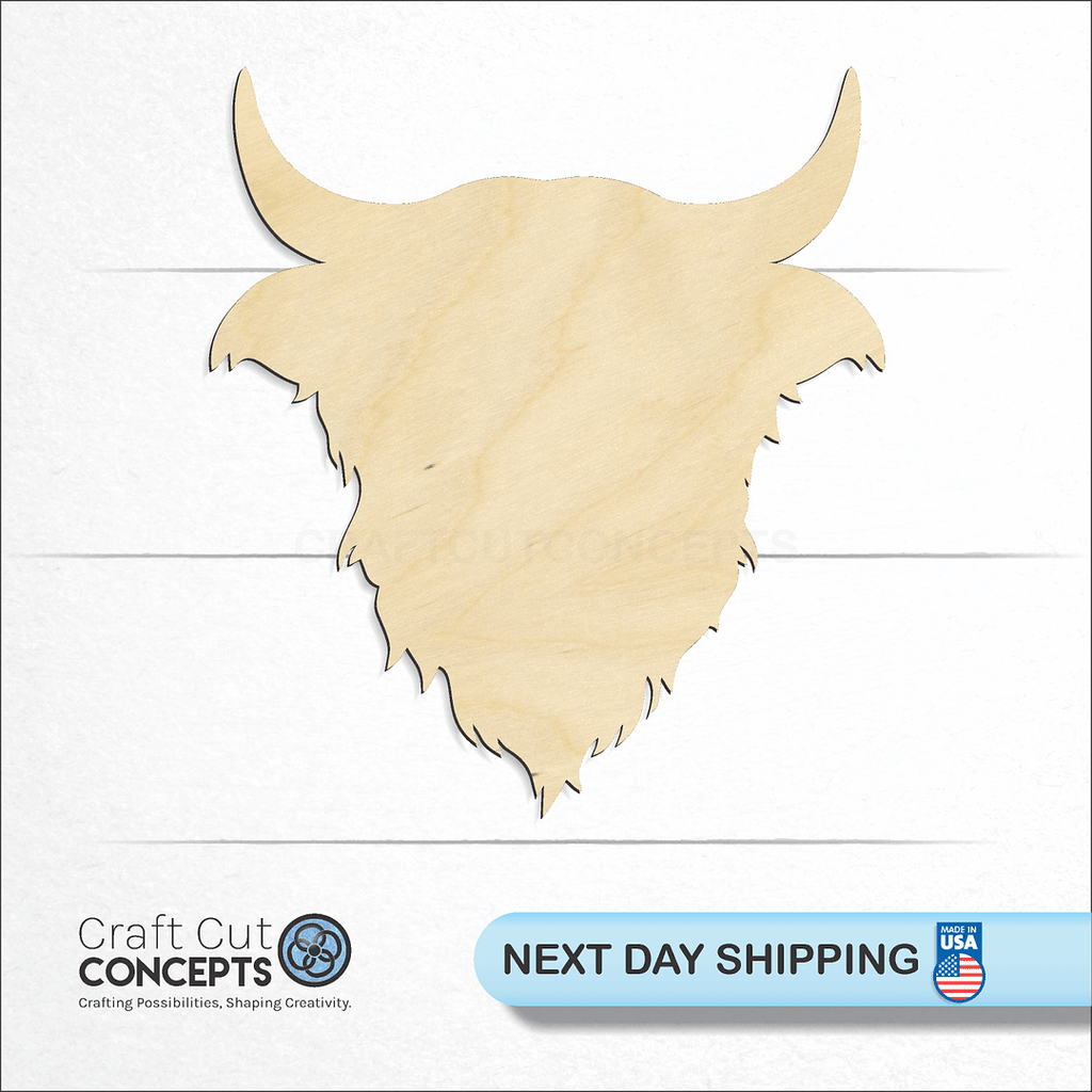 Craft Cut Concepts logo and next day shipping banner with an unfinished wood Highland Cow Head craft shape and blank