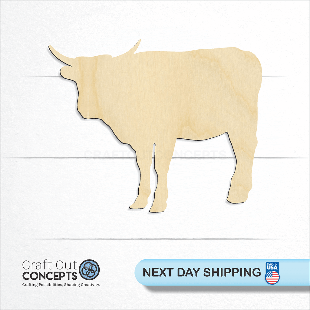 Craft Cut Concepts logo and next day shipping banner with an unfinished wood Cow Bull craft shape and blank