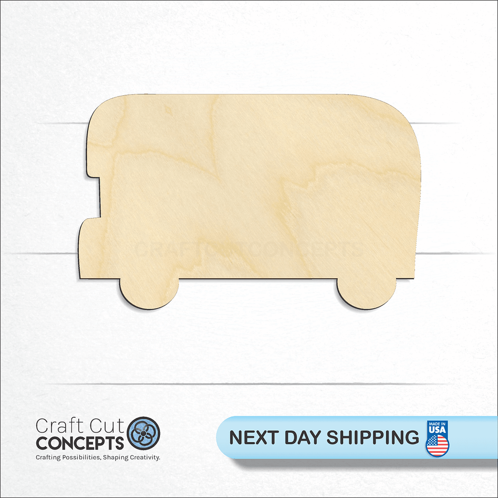 Craft Cut Concepts logo and next day shipping banner with an unfinished wood Double Decker Bus craft shape and blank