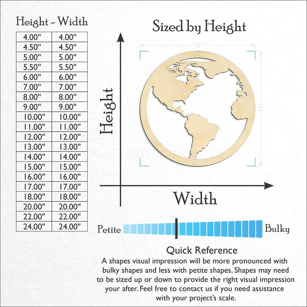 Sizes available for a laser cut Planet Earth North America craft blank