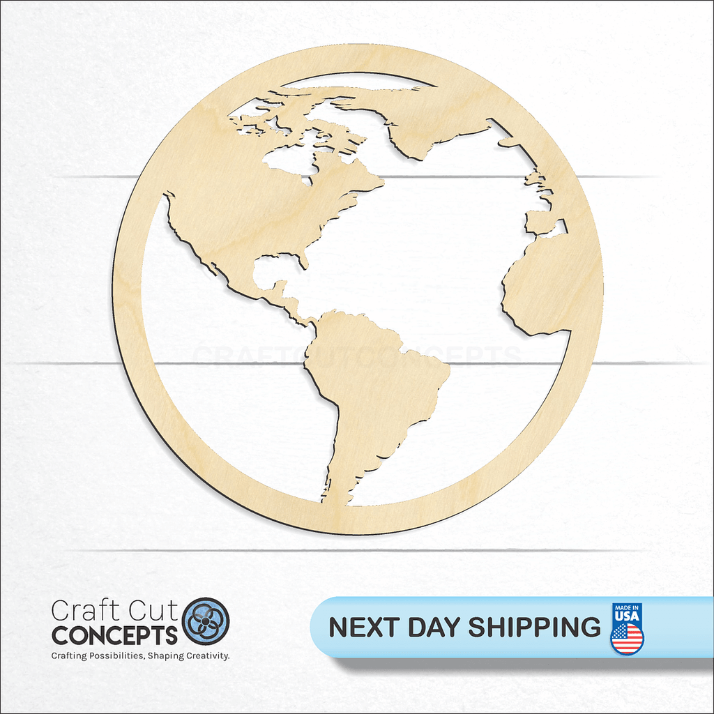 Craft Cut Concepts logo and next day shipping banner with an unfinished wood Planet Earth North America craft shape and blank