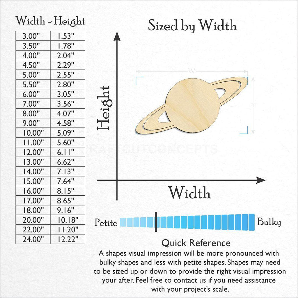 Sizes available for a laser cut Planet Saturn craft blank