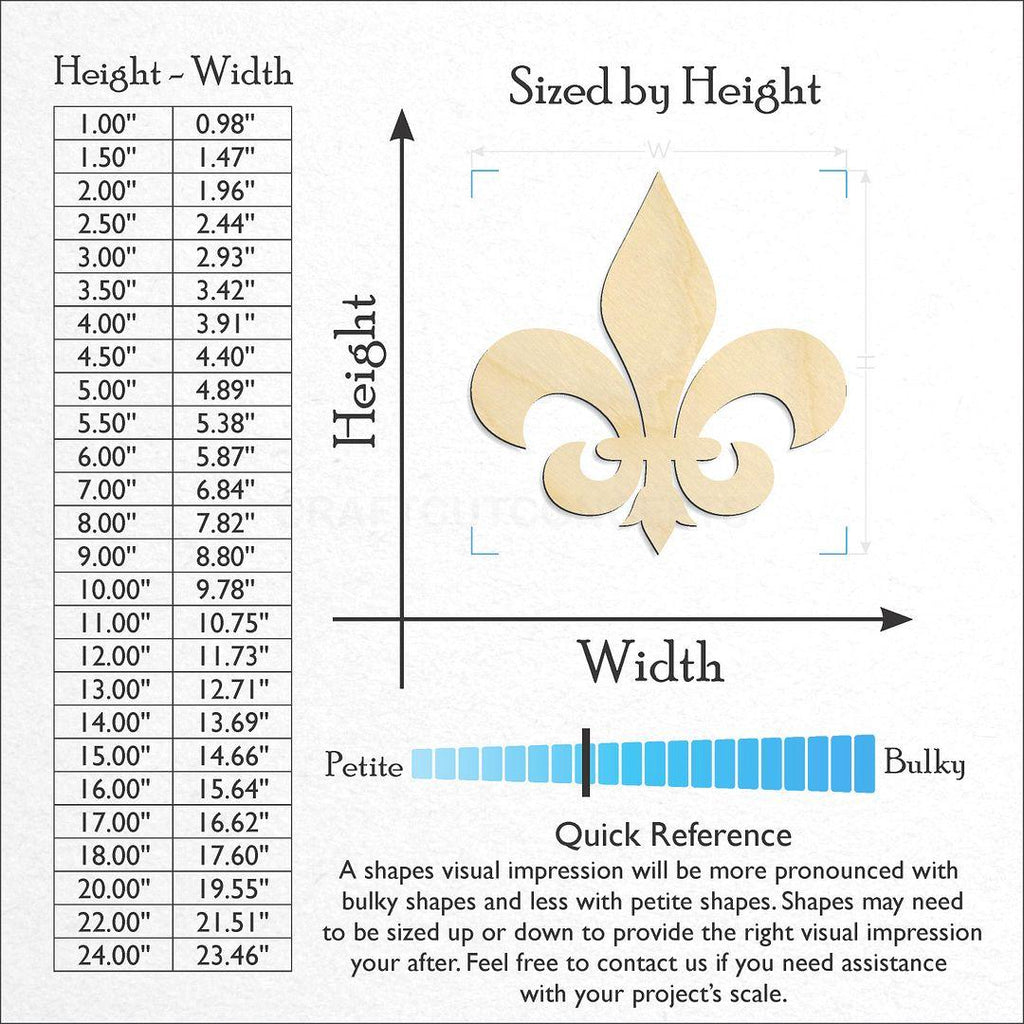 Sizes available for a laser cut Flur de Lis craft blank