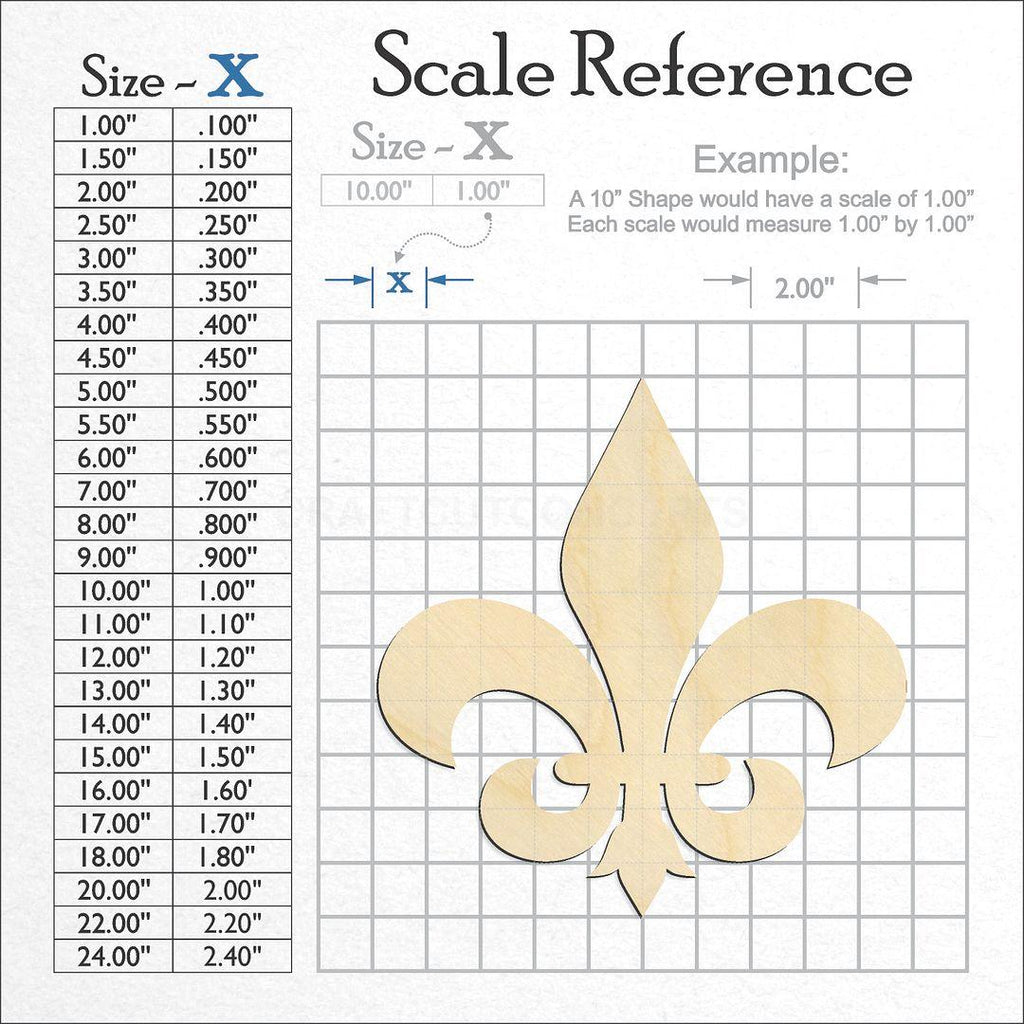 A scale and graph image showing a wood Flur de Lis craft blank