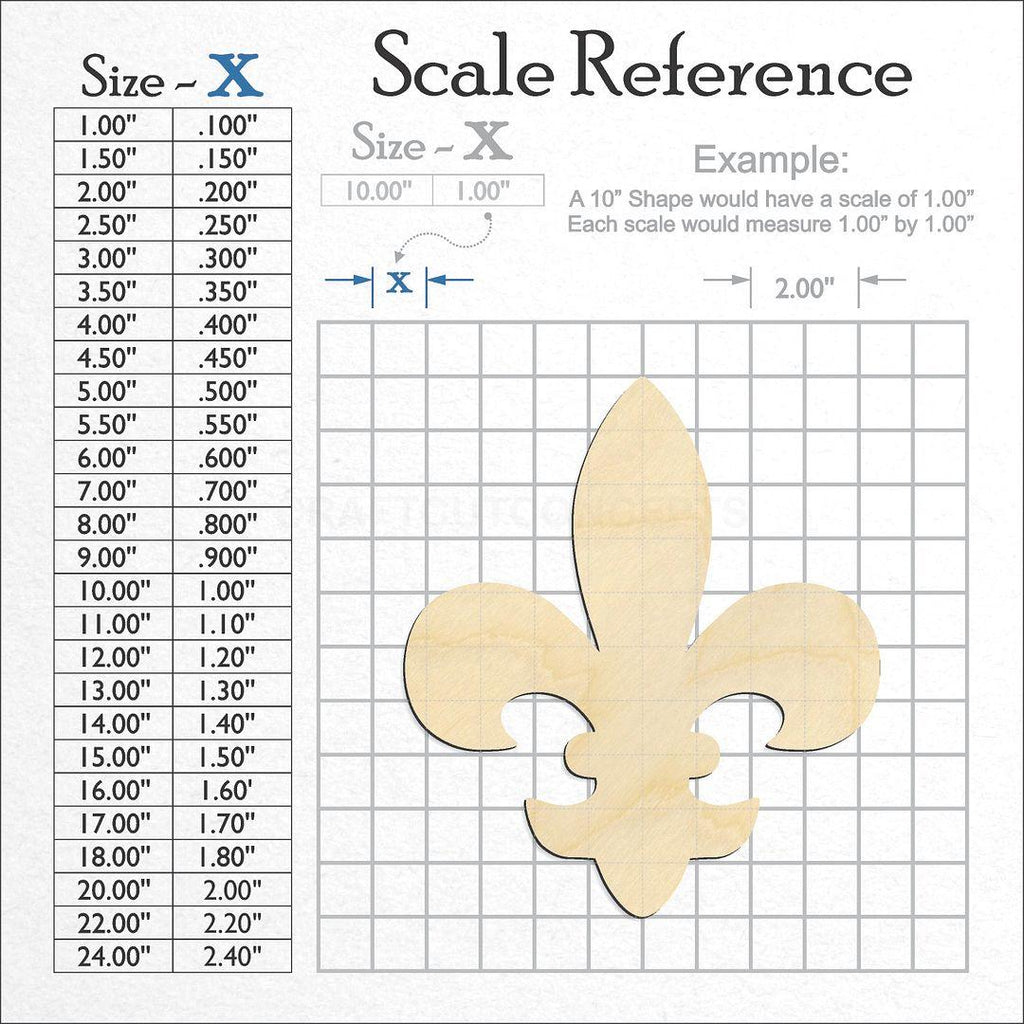 A scale and graph image showing a wood Flur de Lis craft blank