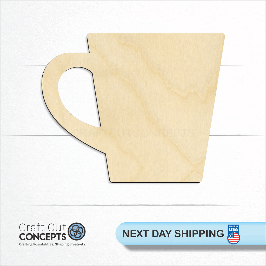 Craft Cut Concepts logo and next day shipping banner with an unfinished wood Coffee Mug craft shape and blank