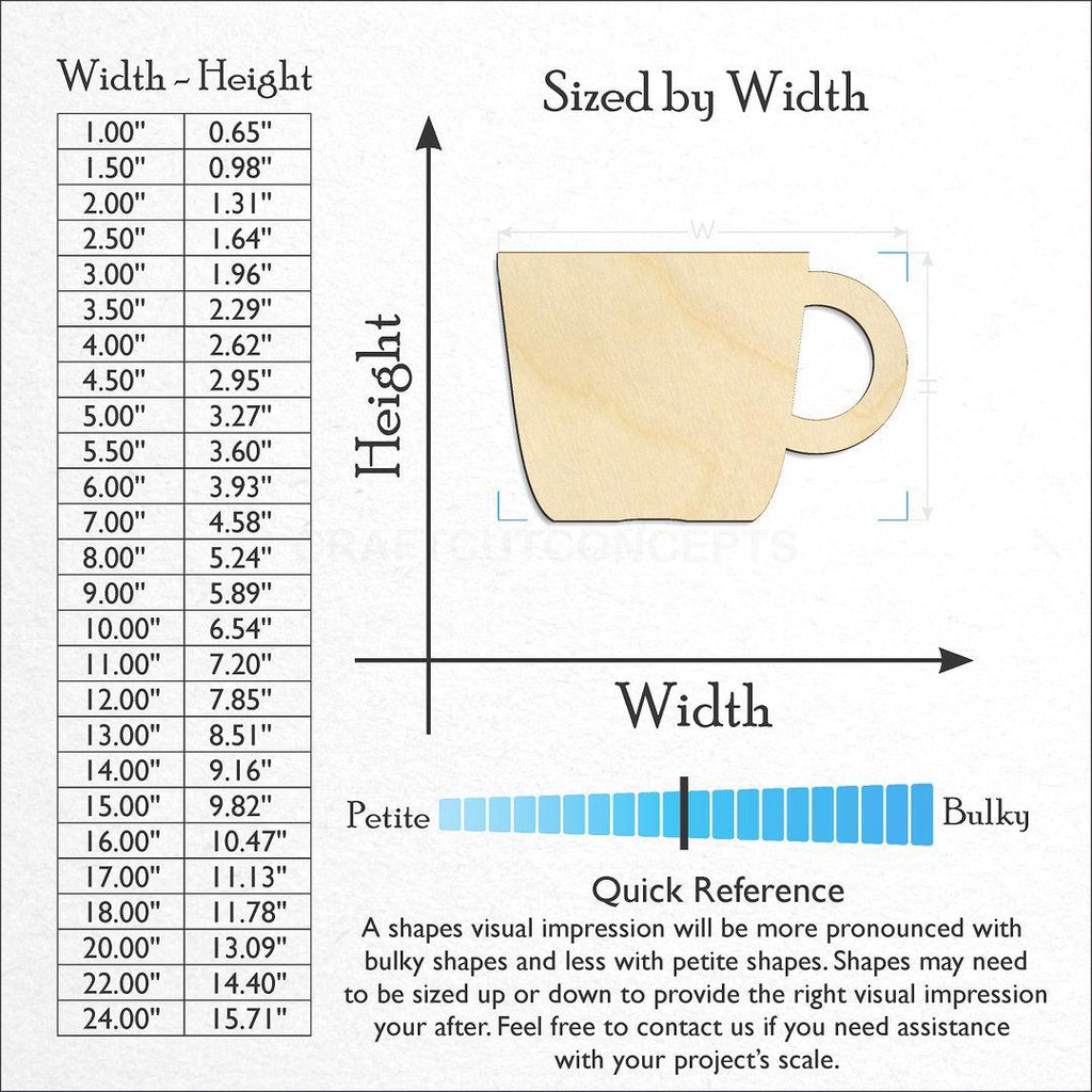 Sizes available for a laser cut Coffee Mug craft blank