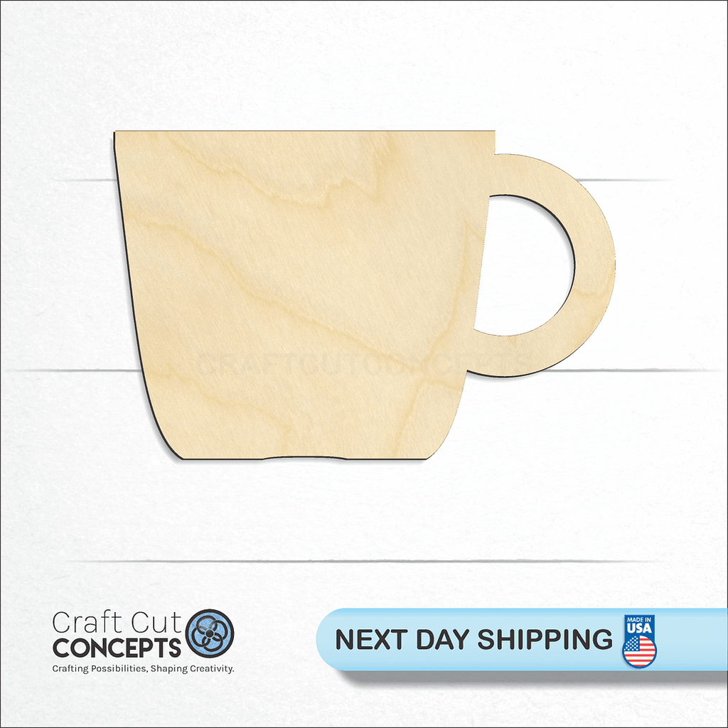 Craft Cut Concepts logo and next day shipping banner with an unfinished wood Coffee Mug craft shape and blank