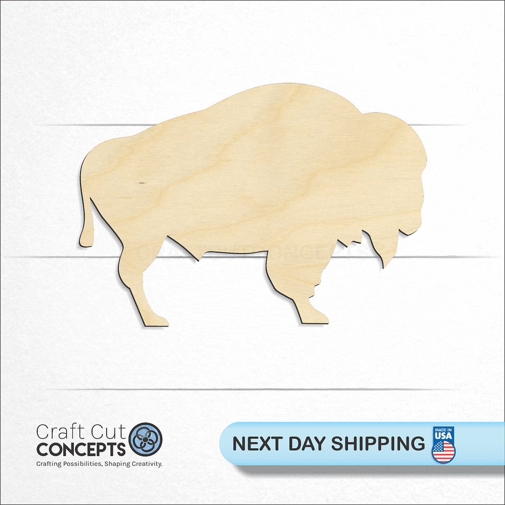 Craft Cut Concepts logo and next day shipping banner with an unfinished wood Buffalo Bison craft shape and blank