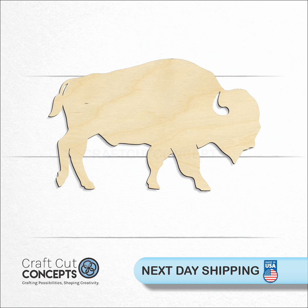 Craft Cut Concepts logo and next day shipping banner with an unfinished wood Buffalo Bison craft shape and blank