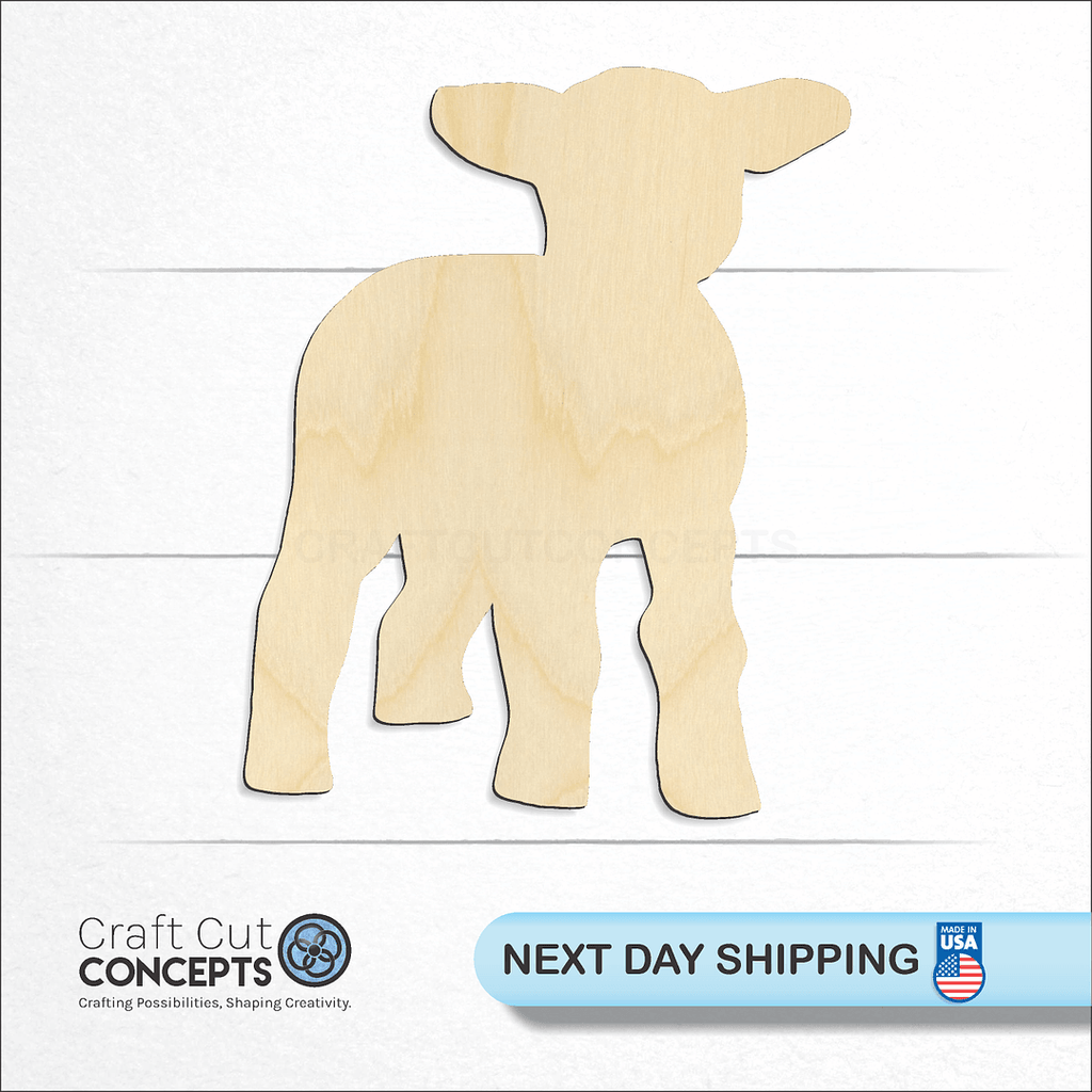 Craft Cut Concepts logo and next day shipping banner with an unfinished wood Lamb Sheep craft shape and blank