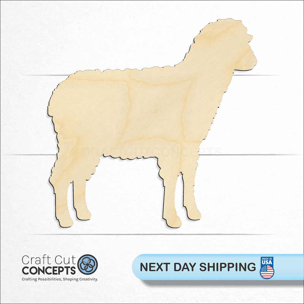 Craft Cut Concepts logo and next day shipping banner with an unfinished wood Sheep craft shape and blank