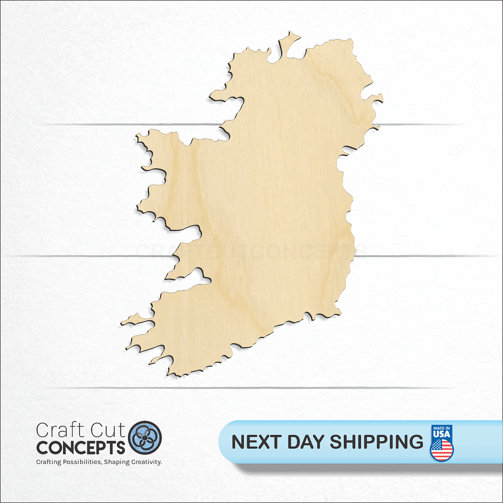Craft Cut Concepts logo and next day shipping banner with an unfinished wood Ireland craft shape and blank