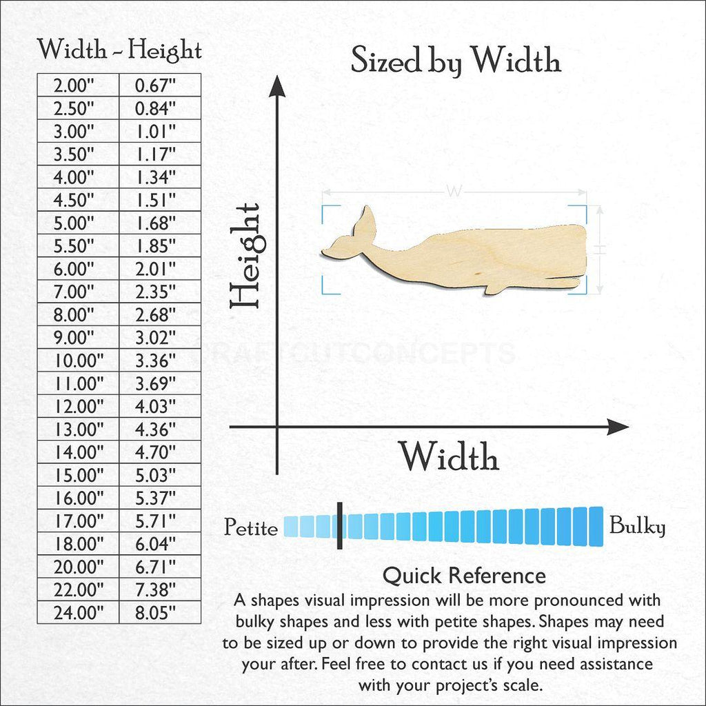 Sizes available for a laser cut Sperm Whale craft blank