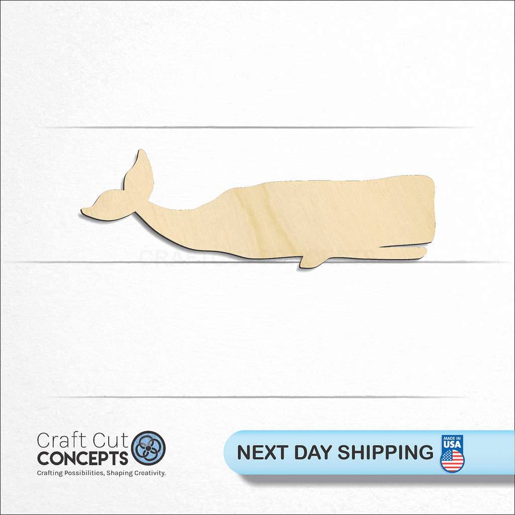 Craft Cut Concepts logo and next day shipping banner with an unfinished wood Sperm Whale craft shape and blank