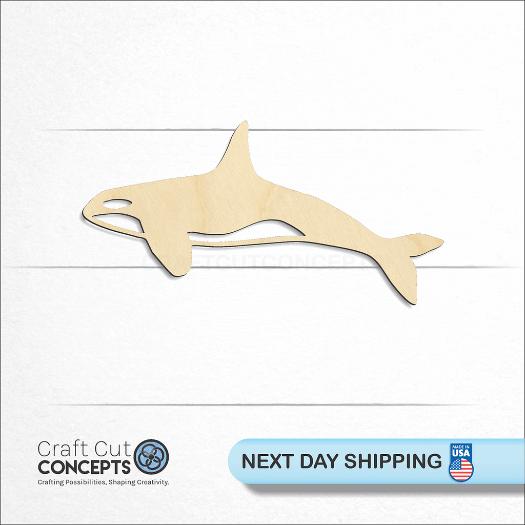 Craft Cut Concepts logo and next day shipping banner with an unfinished wood Orca Whale craft shape and blank