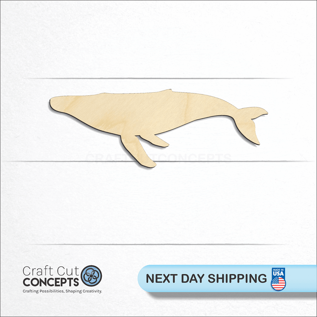 Craft Cut Concepts logo and next day shipping banner with an unfinished wood  Humpback Whale craft shape and blank