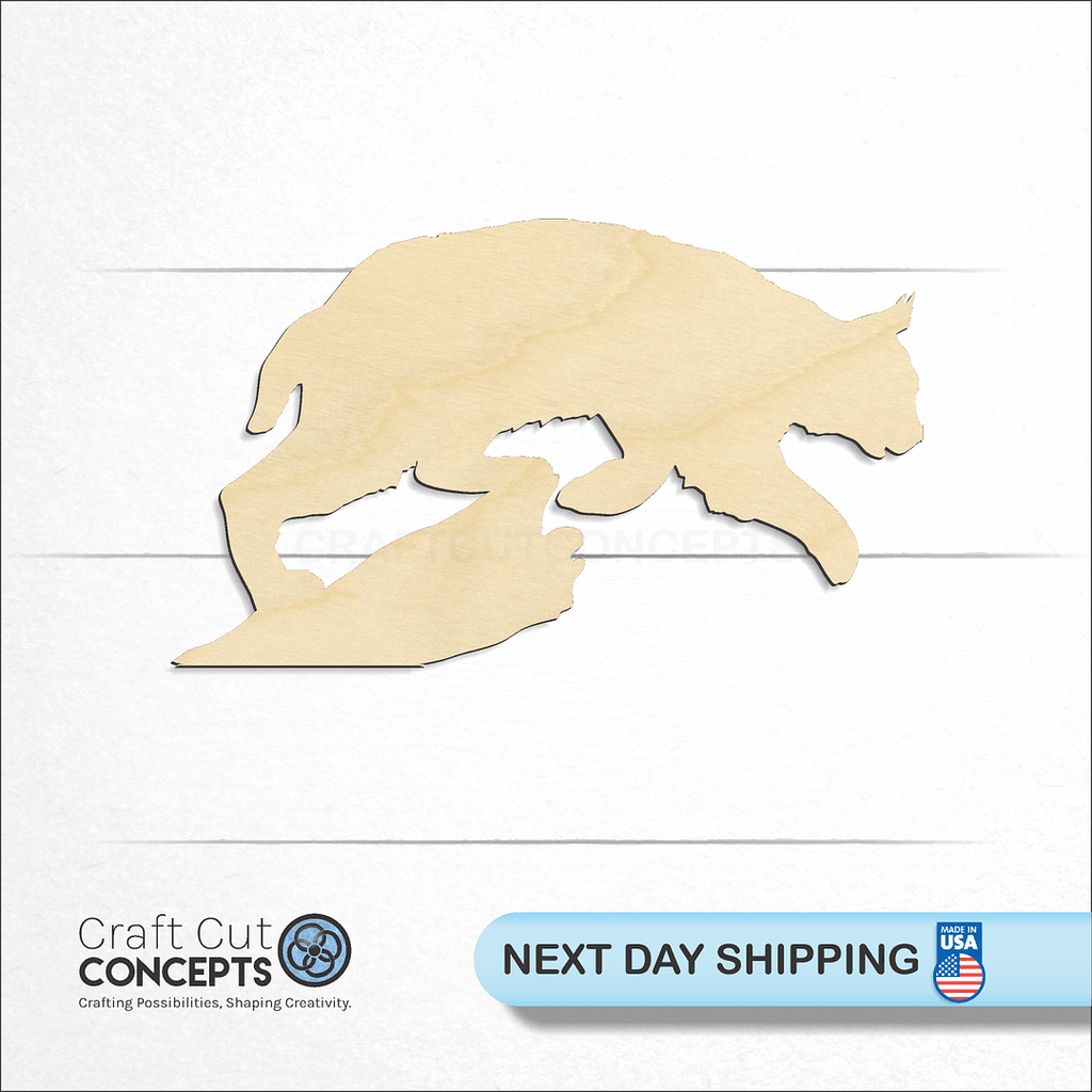 Craft Cut Concepts logo and next day shipping banner with an unfinished wood Bobcat Lynx craft shape and blank