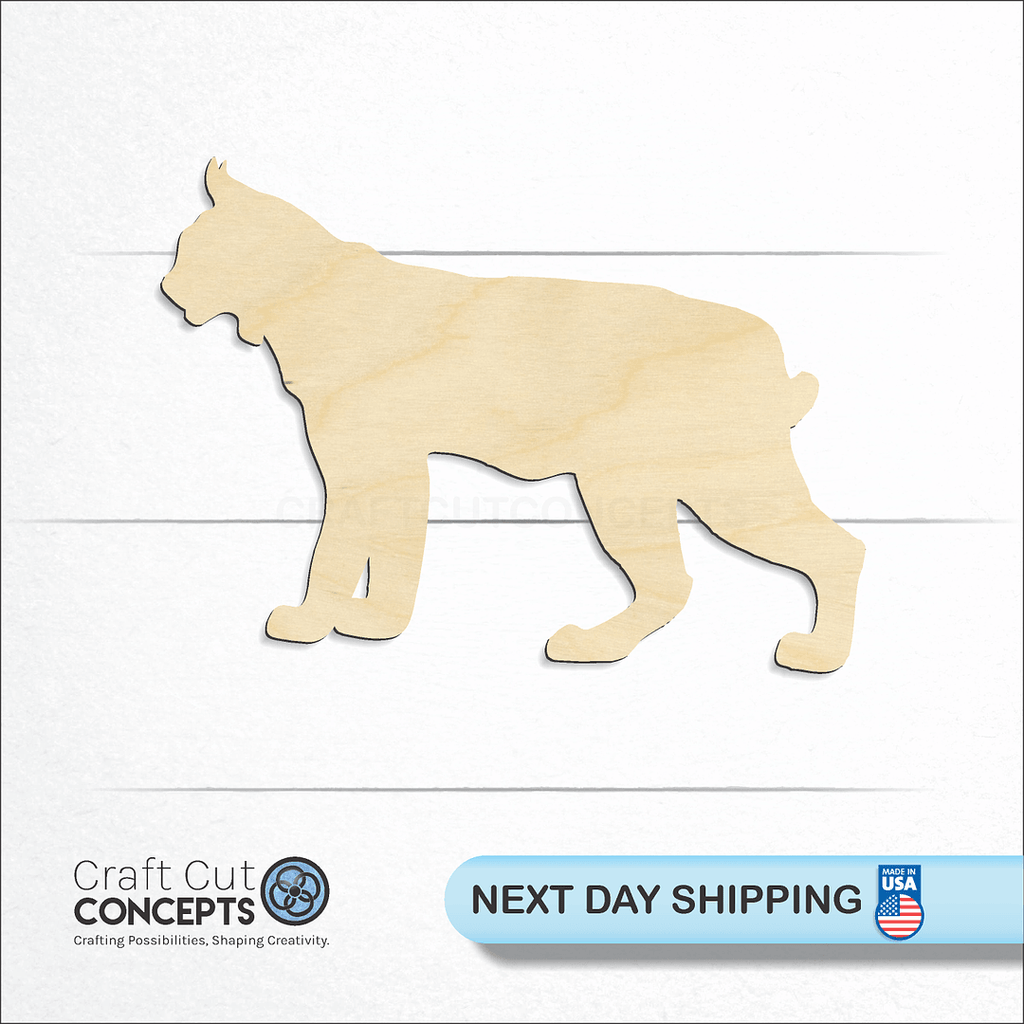 Craft Cut Concepts logo and next day shipping banner with an unfinished wood Lynx craft shape and blank