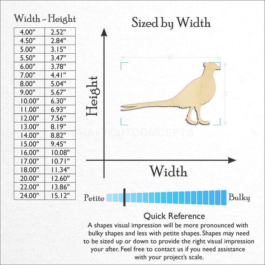 Sizes available for a laser cut Pheasant craft blank