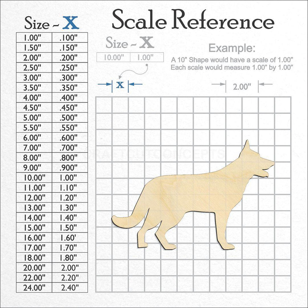 A scale and graph image showing a wood  German Shepard craft blank