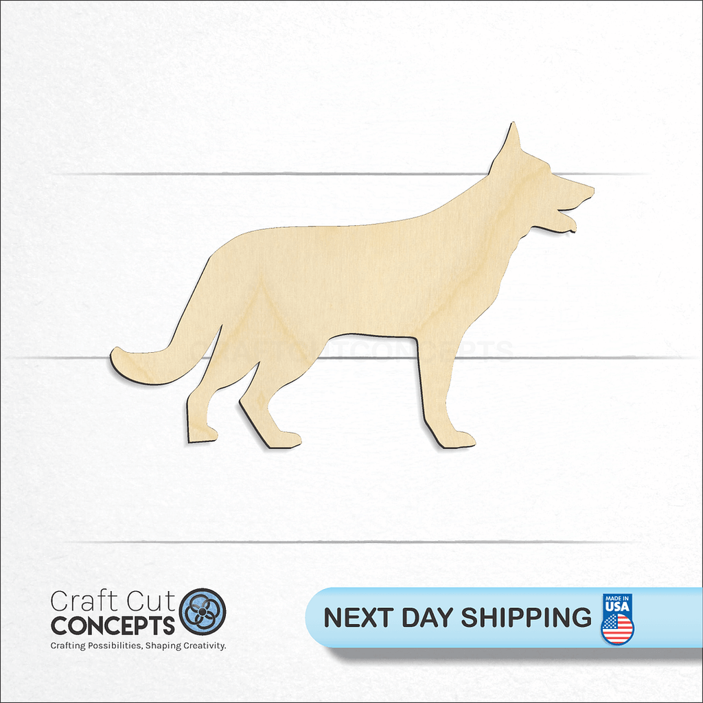 Craft Cut Concepts logo and next day shipping banner with an unfinished wood  German Shepard craft shape and blank