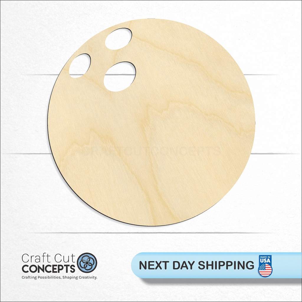 Craft Cut Concepts logo and next day shipping banner with an unfinished wood Bowling Ball craft shape and blank