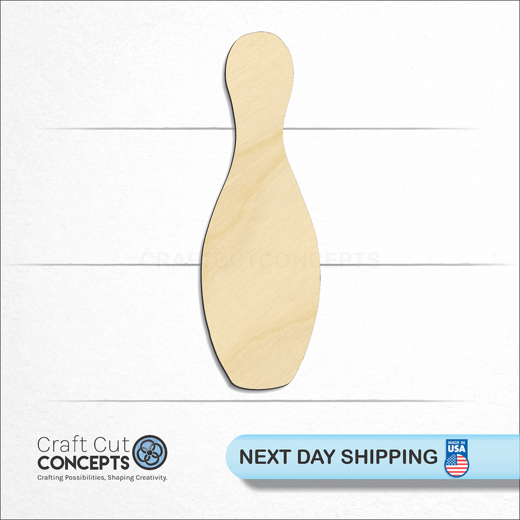 Craft Cut Concepts logo and next day shipping banner with an unfinished wood Bowling Pin craft shape and blank