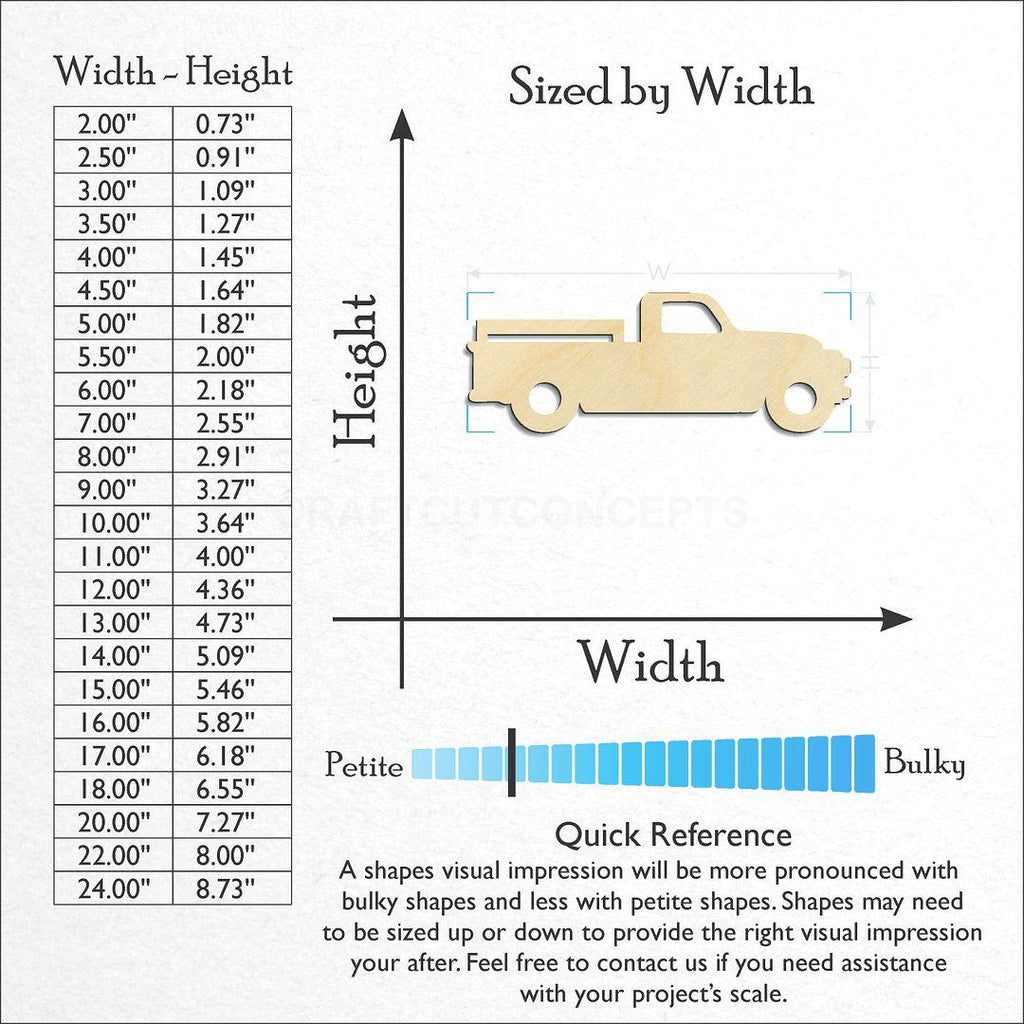 Sizes available for a laser cut Truck craft blank