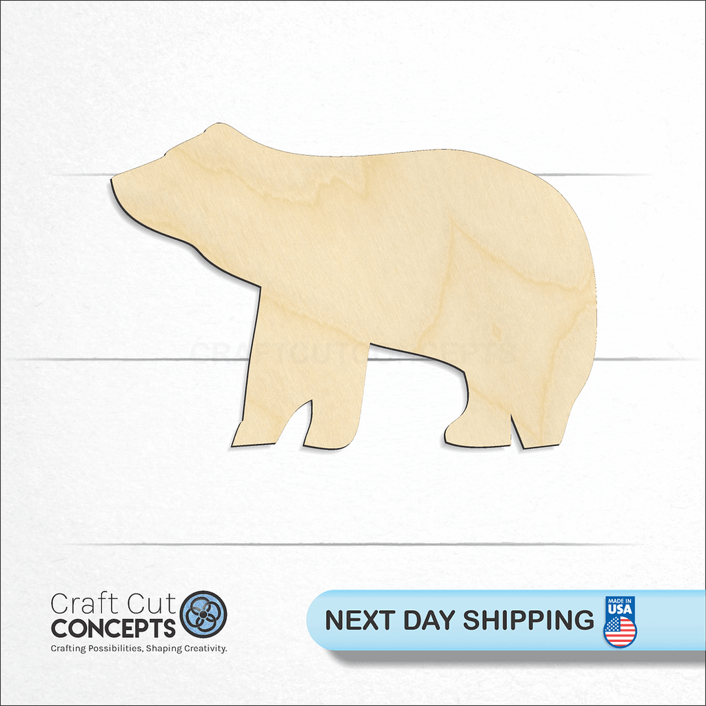 Craft Cut Concepts logo and next day shipping banner with an unfinished wood Bear Cub craft shape and blank