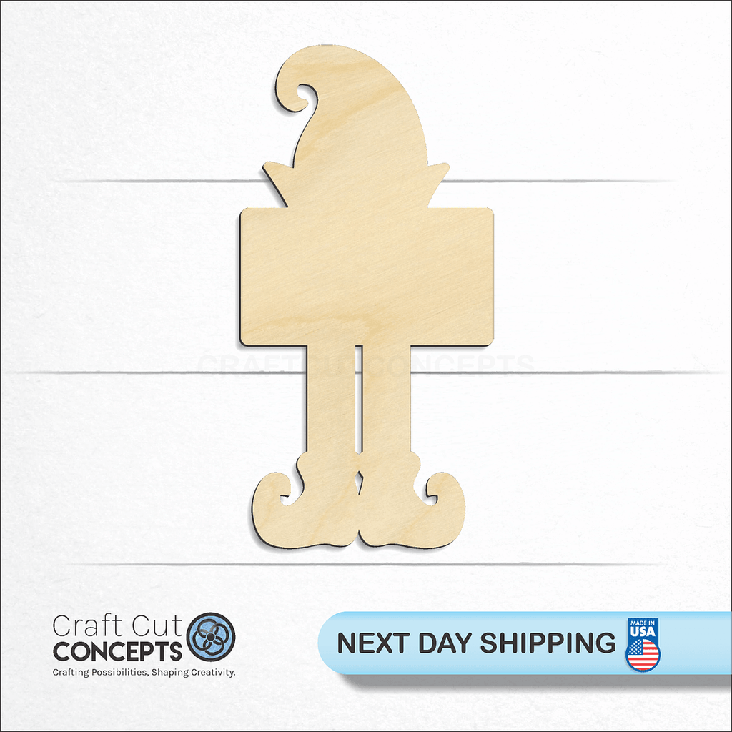 Craft Cut Concepts logo and next day shipping banner with an unfinished wood Elf Sign Gnome craft shape and blank