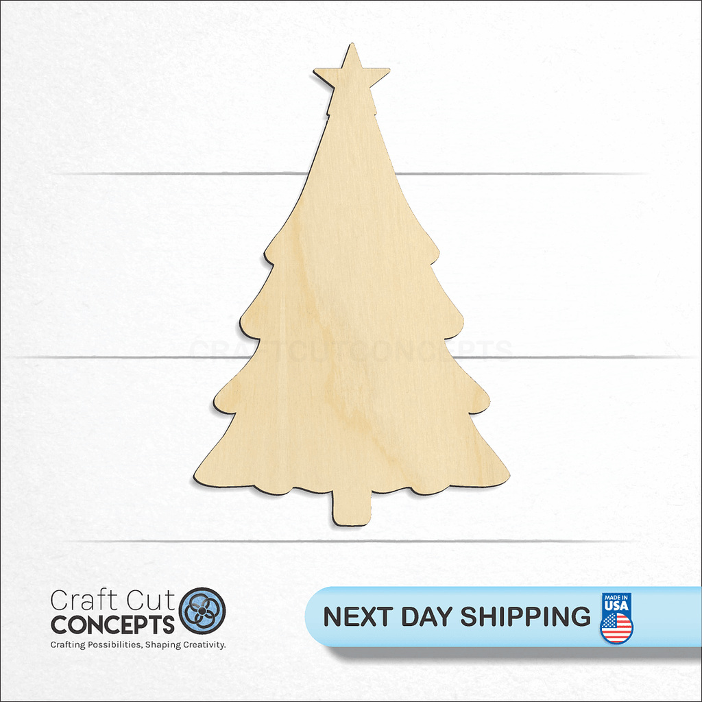 Craft Cut Concepts logo and next day shipping banner with an unfinished wood Chirsitmas Tree craft shape and blank