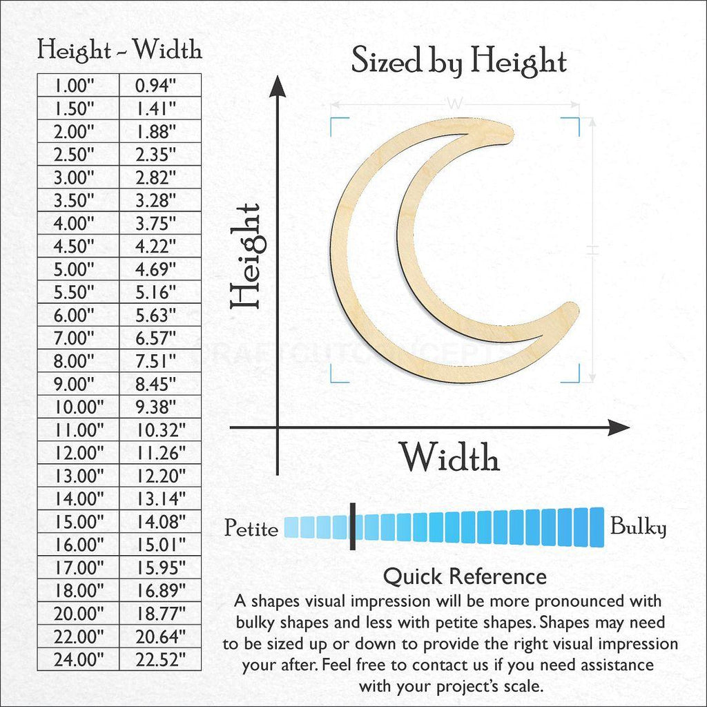 Sizes available for a laser cut Hollow Crescent Moon craft blank