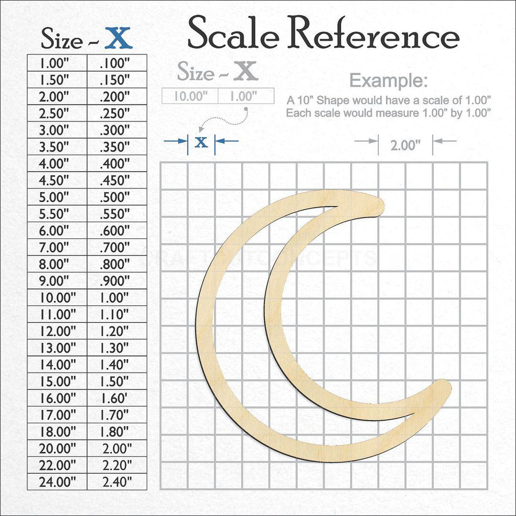 A scale and graph image showing a wood Hollow Crescent Moon craft blank