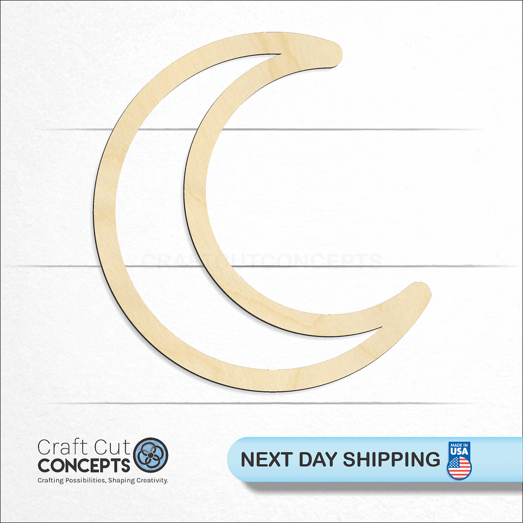 Craft Cut Concepts logo and next day shipping banner with an unfinished wood Hollow Crescent Moon craft shape and blank