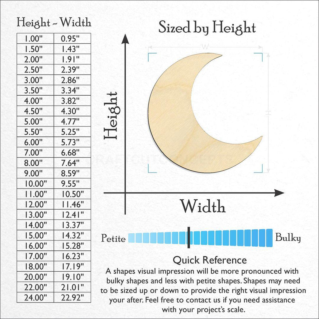 Sizes available for a laser cut Crescent Moon craft blank