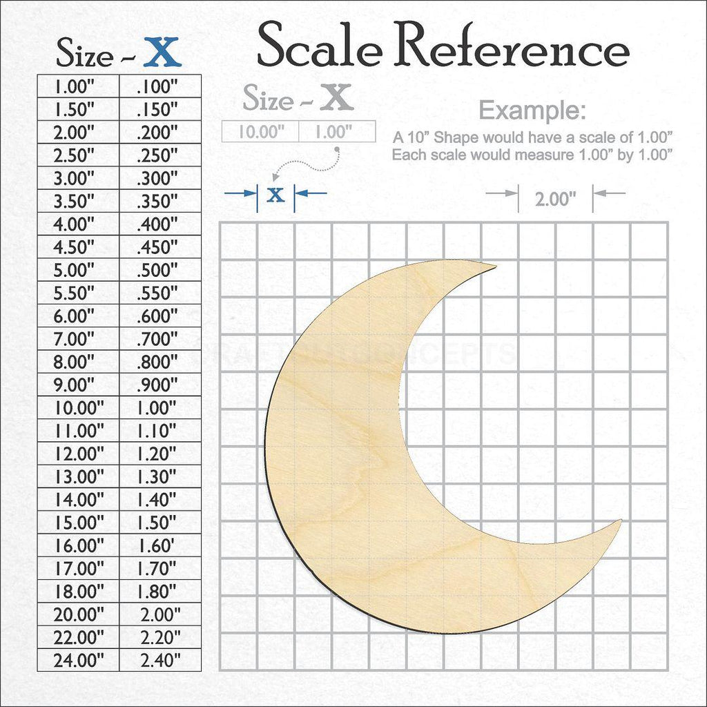 A scale and graph image showing a wood Crescent Moon craft blank