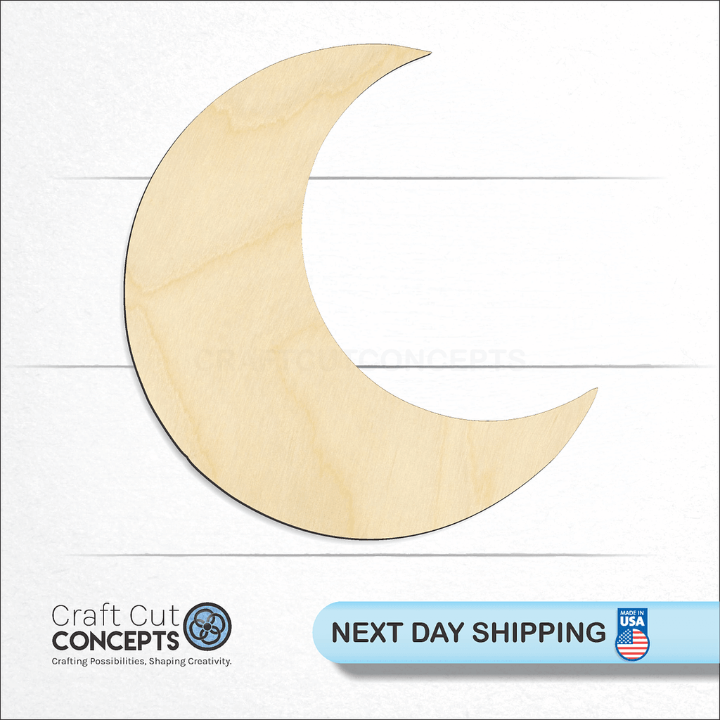 Craft Cut Concepts logo and next day shipping banner with an unfinished wood Crescent Moon craft shape and blank