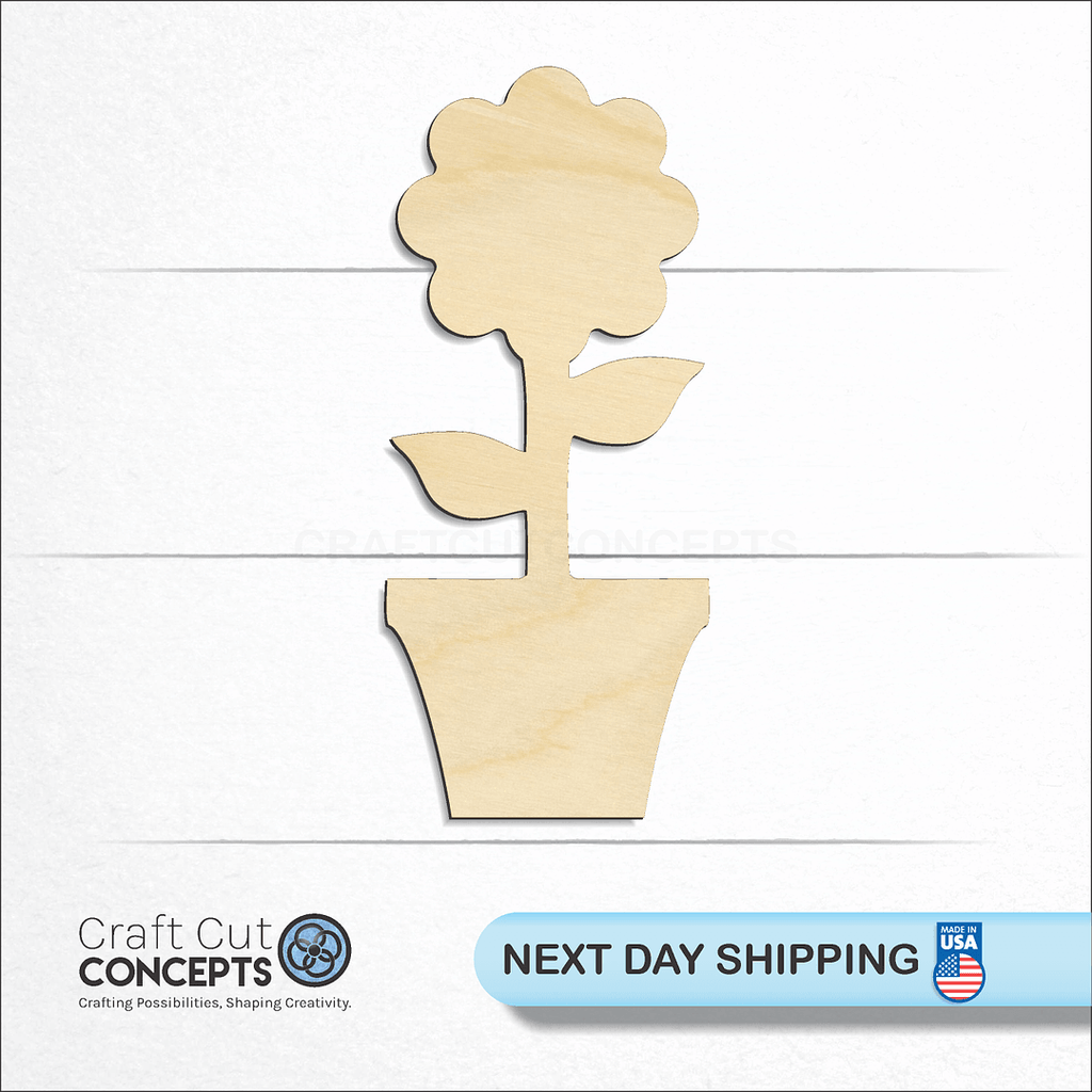 Craft Cut Concepts logo and next day shipping banner with an unfinished wood Flower in pot craft shape and blank