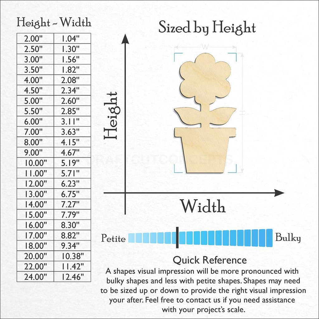 Sizes available for a laser cut Flower in pot craft blank