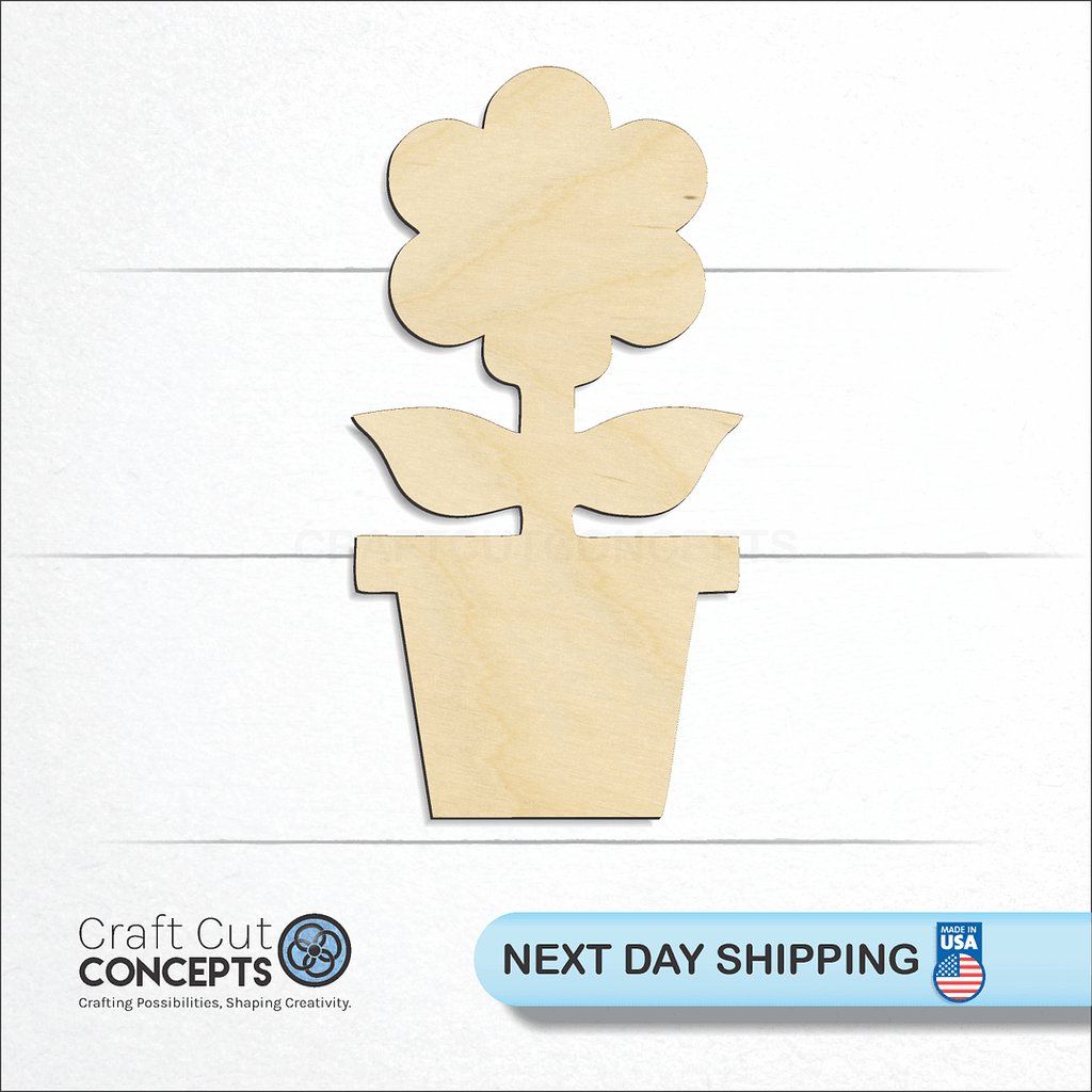 Craft Cut Concepts logo and next day shipping banner with an unfinished wood Flower in pot craft shape and blank